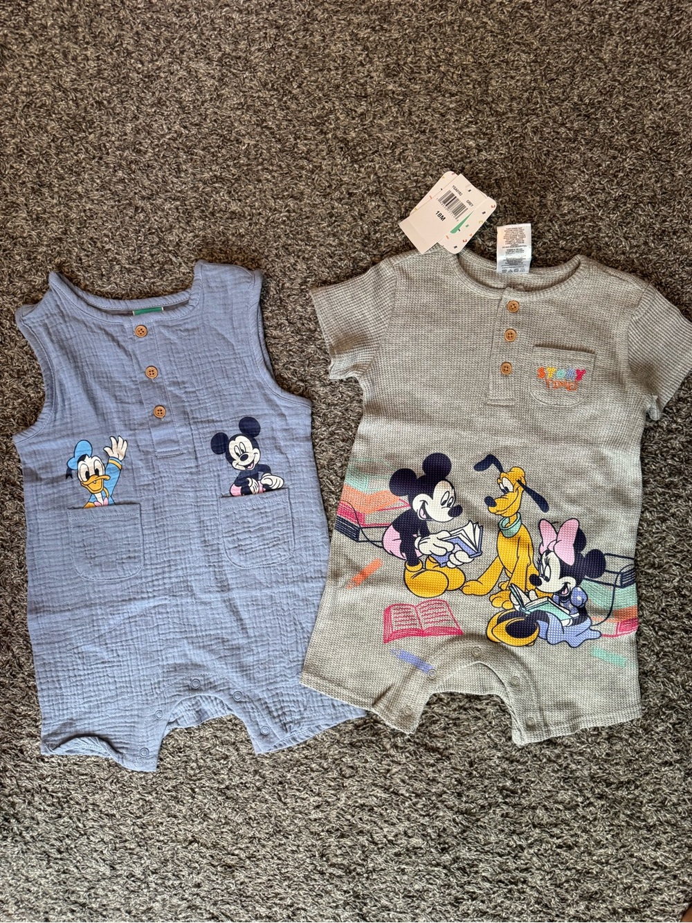 Disney Baby Mickey & Friends Cotton Rompers - Blue & Gray